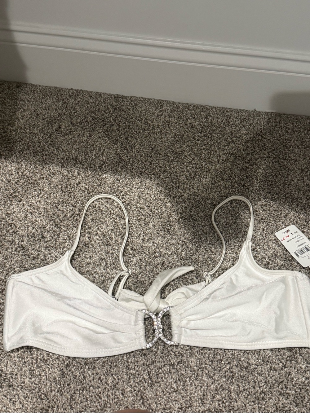 Windsor White Satin Bandeau Bikini Top with Rhinestone Ring
